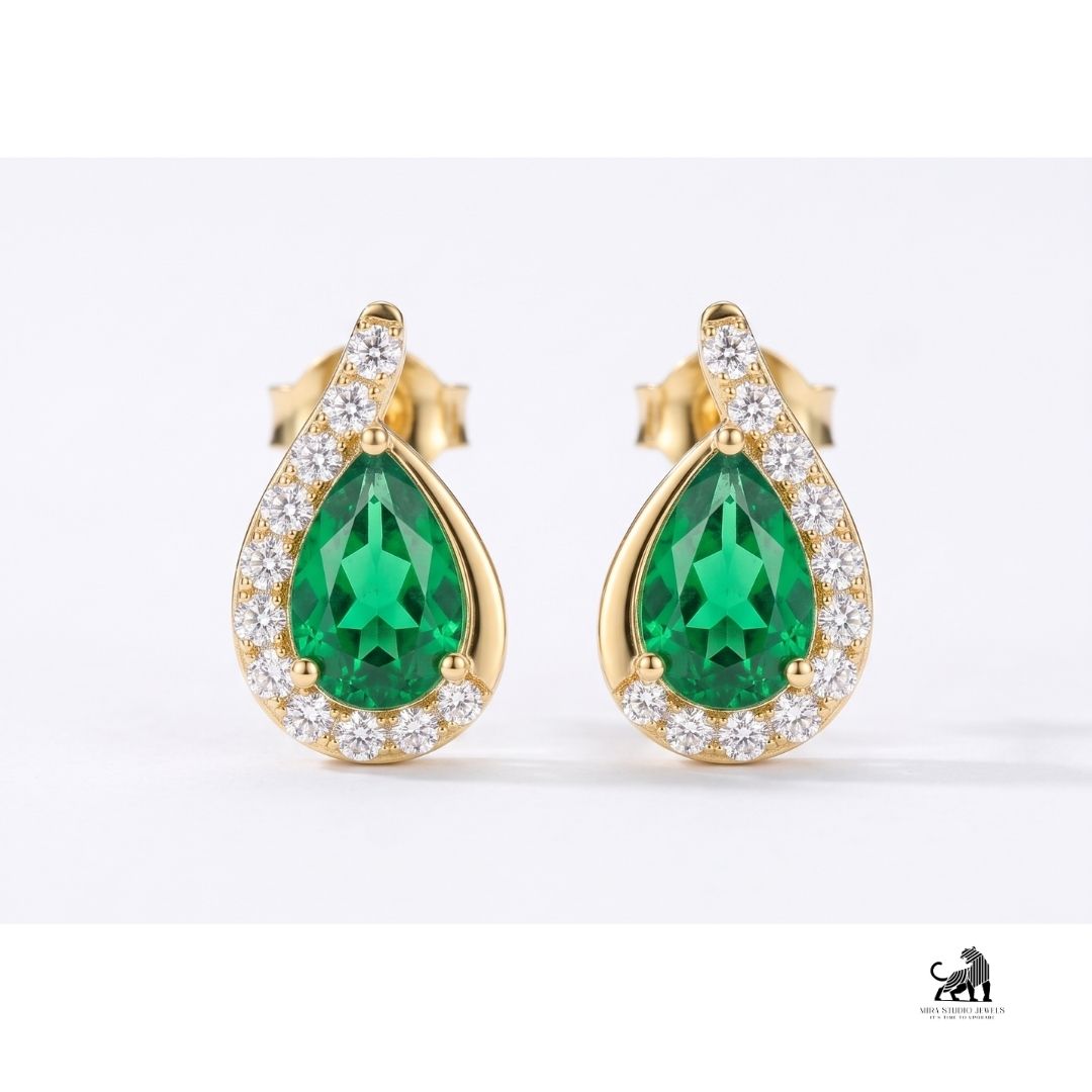 Emerald Pear-Cut Halo Diamond Drop Earrings