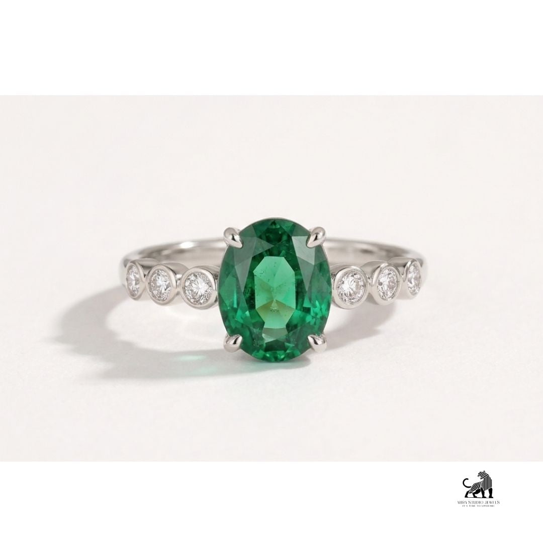 Emerald Oval-Cut Gemstone Bezel Accent Ring