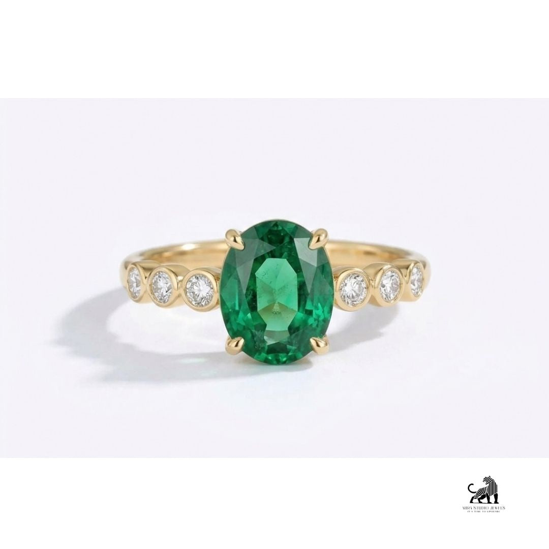 Emerald Oval-Cut Gemstone Bezel Accent Ring
