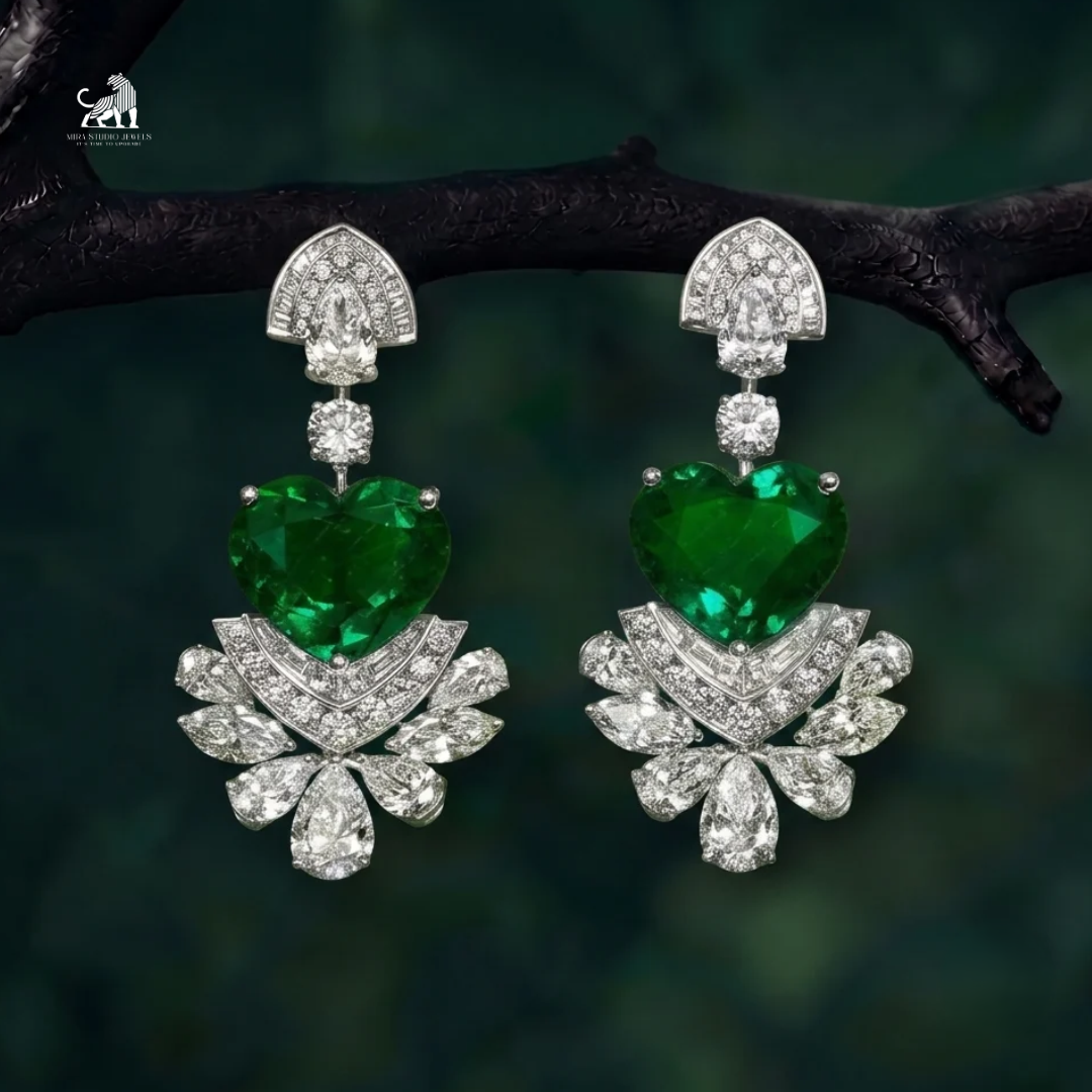 Emerald Heart-Cut Diamond Floral Drop Earrings