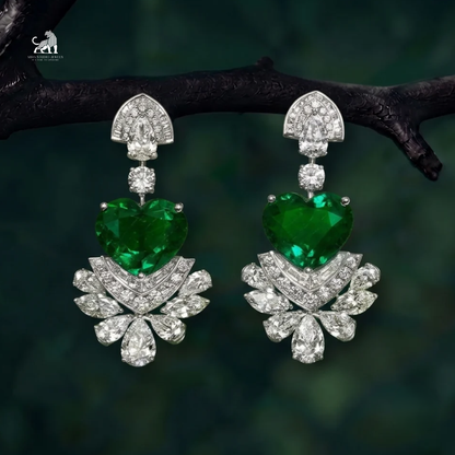 Emerald Heart-Cut Diamond Floral Drop Earrings