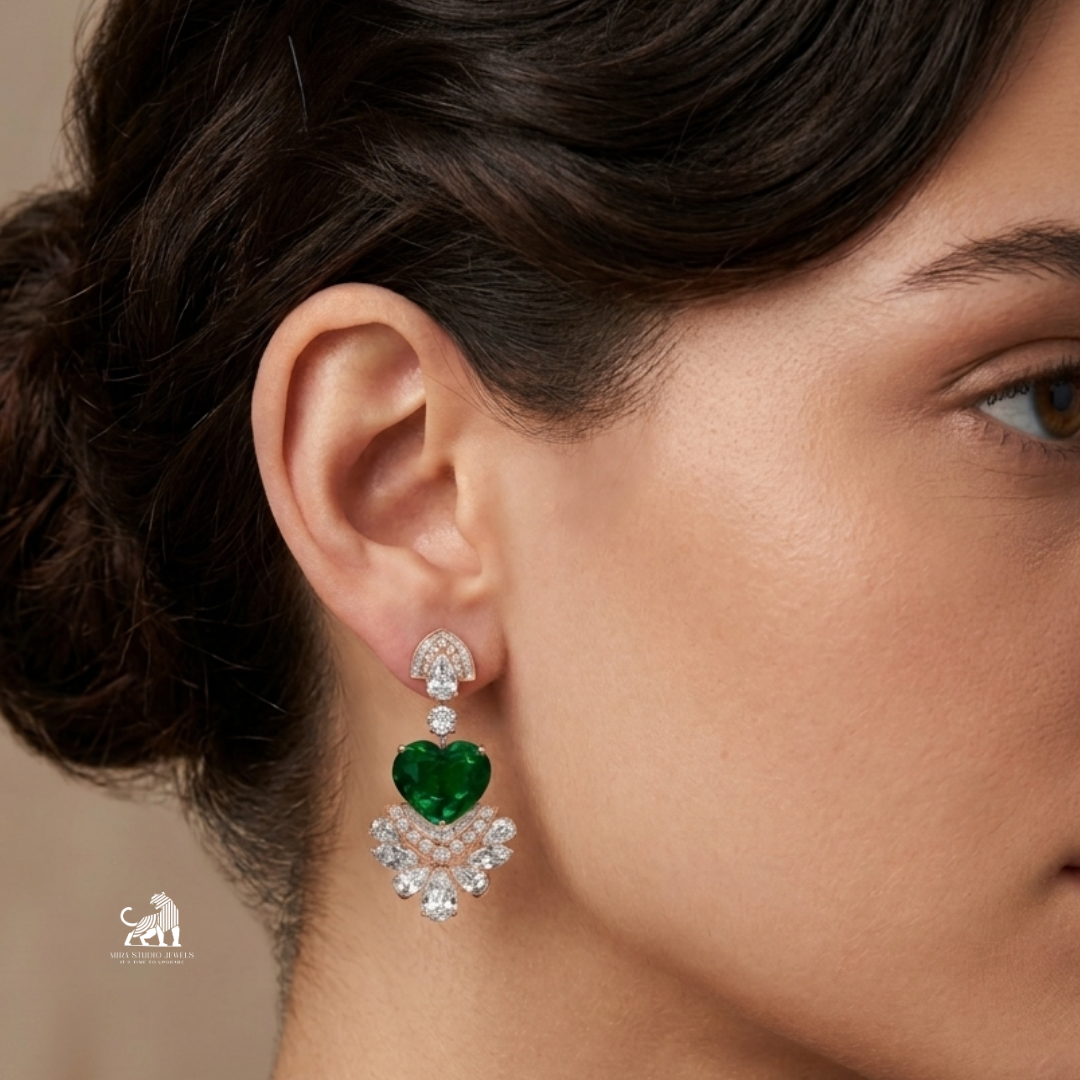 Emerald Heart-Cut Diamond Floral Drop Earrings