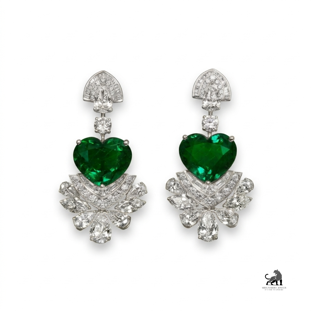 Emerald Heart-Cut Diamond Floral Drop Earrings