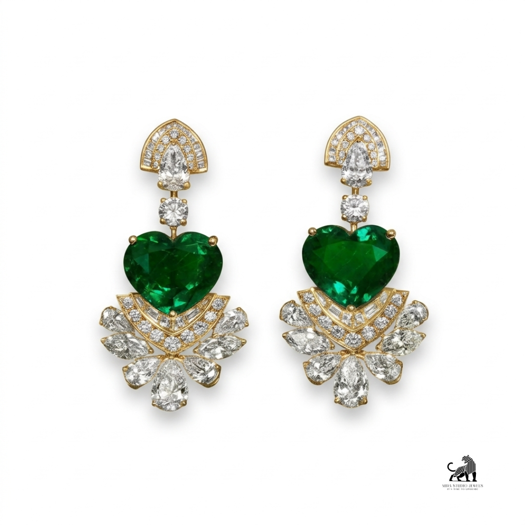 Emerald Heart-Cut Diamond Floral Drop Earrings
