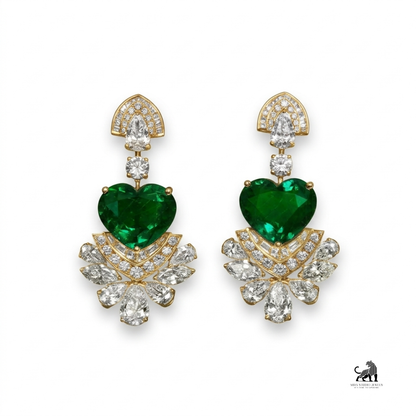 Emerald Heart-Cut Diamond Floral Drop Earrings
