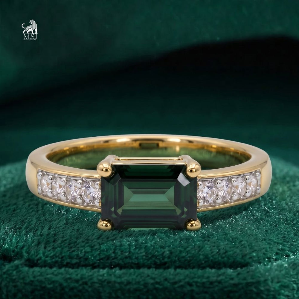 Emerald-Cut Green Gemstone Diamond Accent Ring