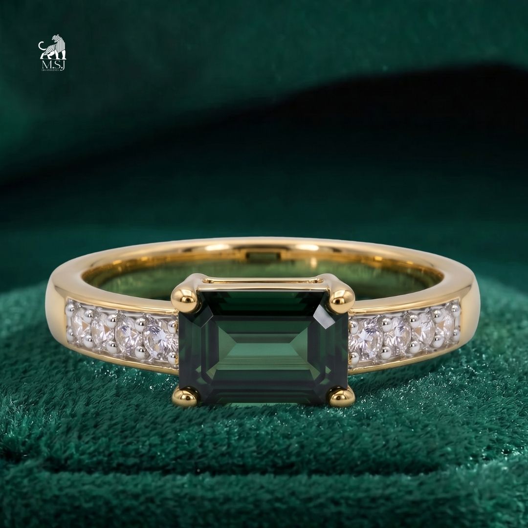 Emerald-Cut Green Gemstone Diamond Accent Ring