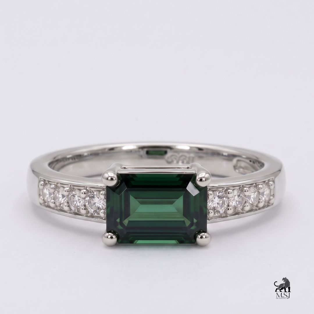 Emerald-Cut Green Gemstone Diamond Accent Ring