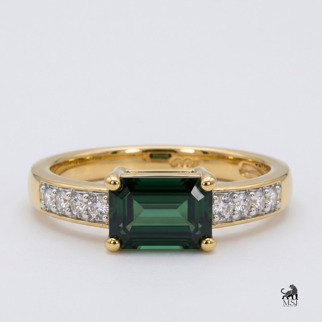 Emerald-Cut Green Gemstone Diamond Accent Ring