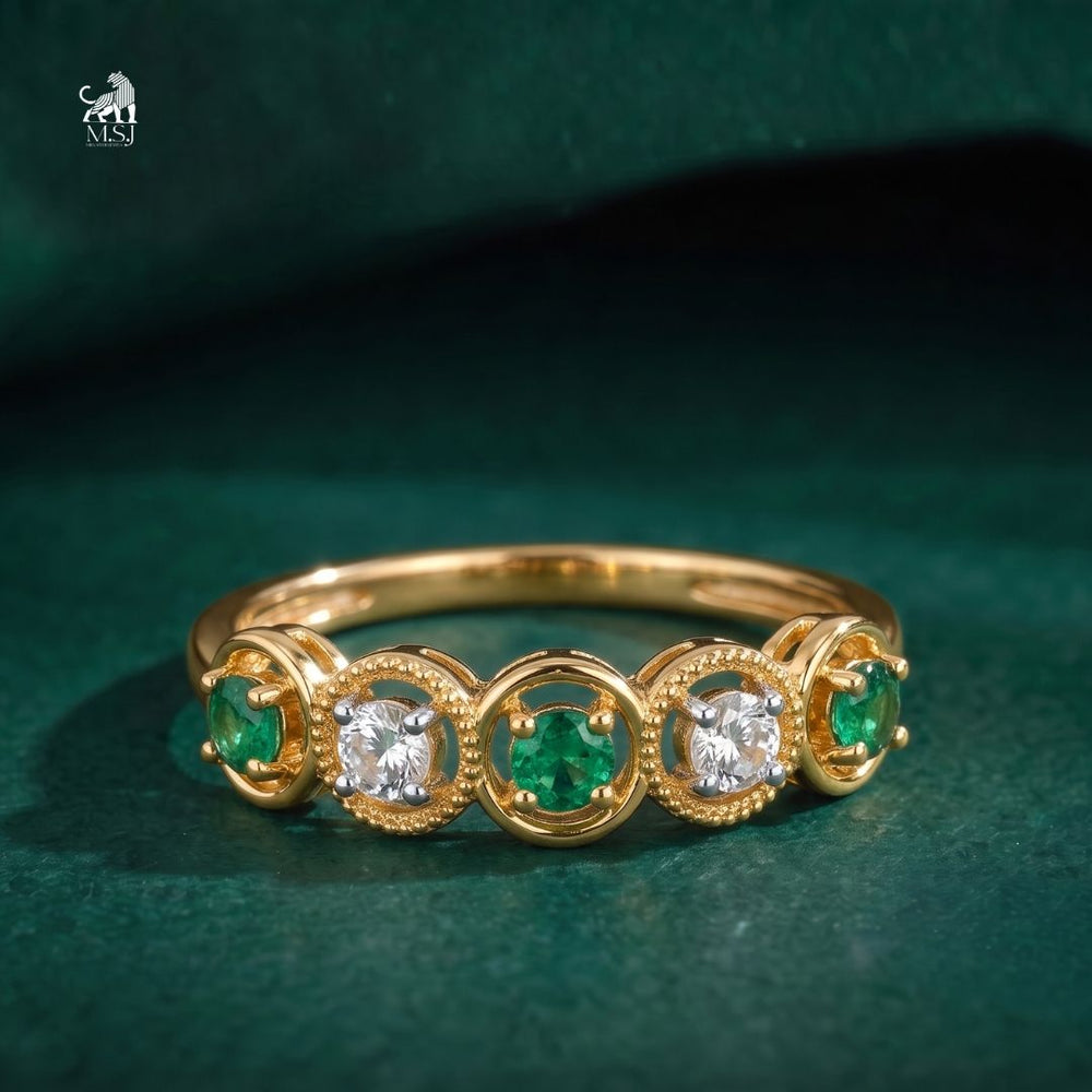Emerald and Diamond Five-Stone Vintage Halo Ring