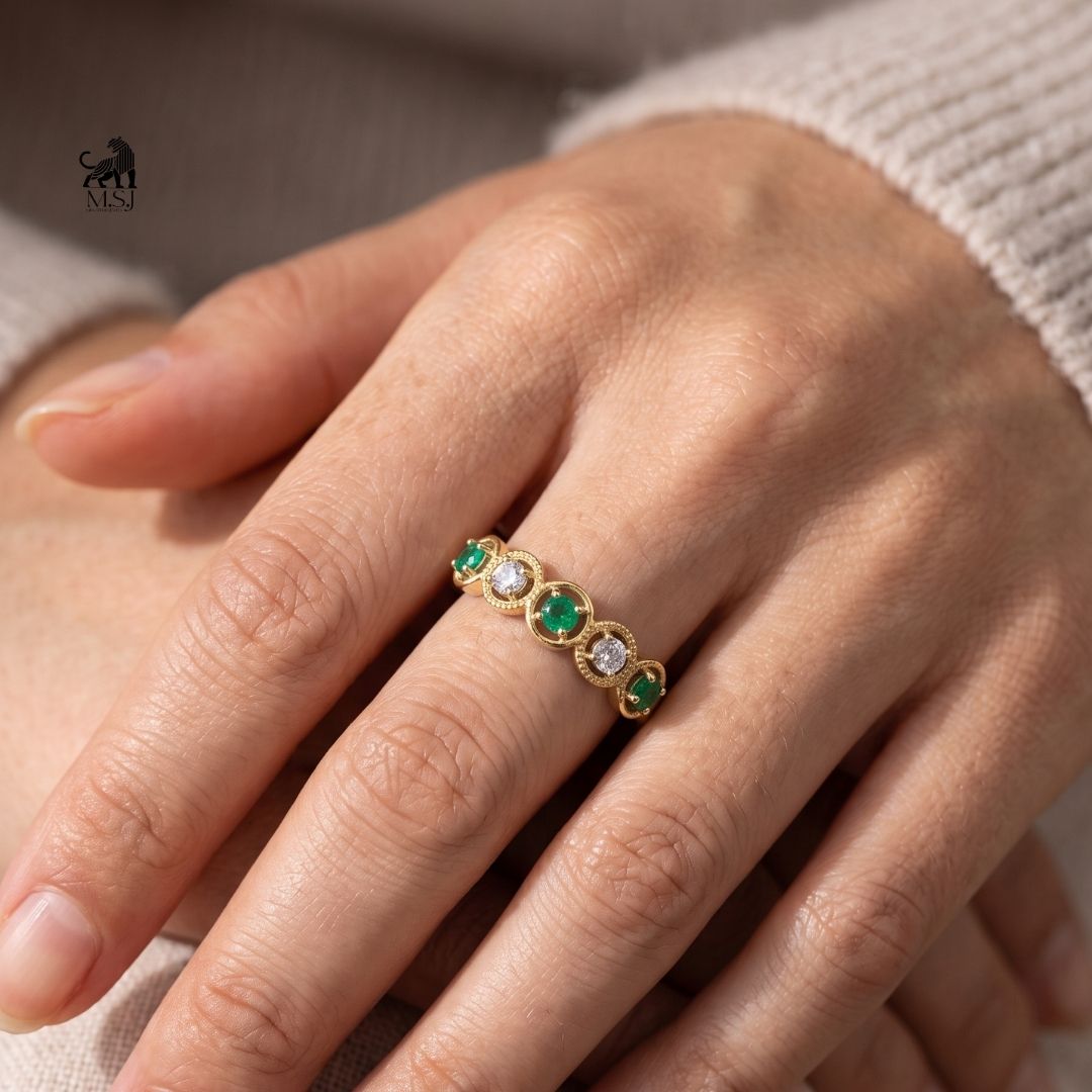 Emerald and Diamond Five-Stone Vintage Halo Ring