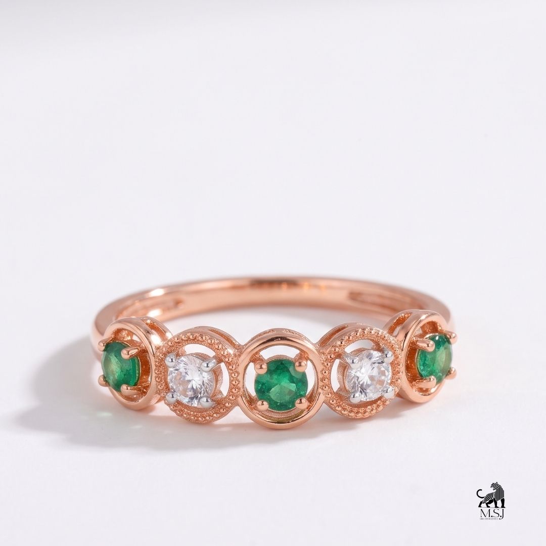 Emerald and Diamond Five-Stone Vintage Halo Ring