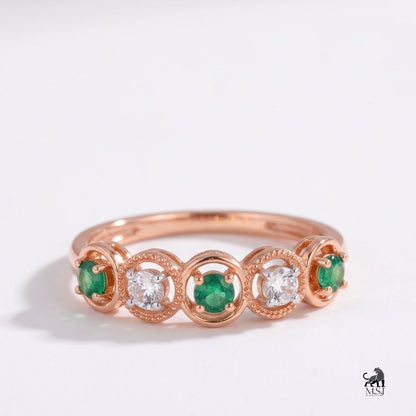 Emerald and Diamond Five-Stone Vintage Halo Ring