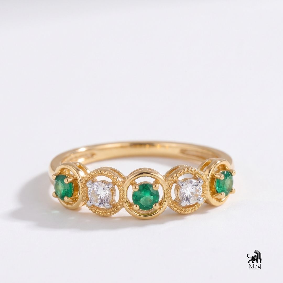Emerald and Diamond Five-Stone Vintage Halo Ring