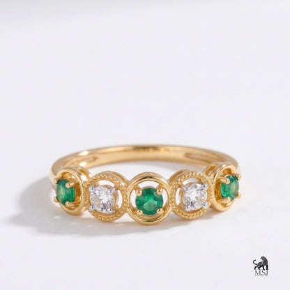 Emerald and Diamond Five-Stone Vintage Halo Ring