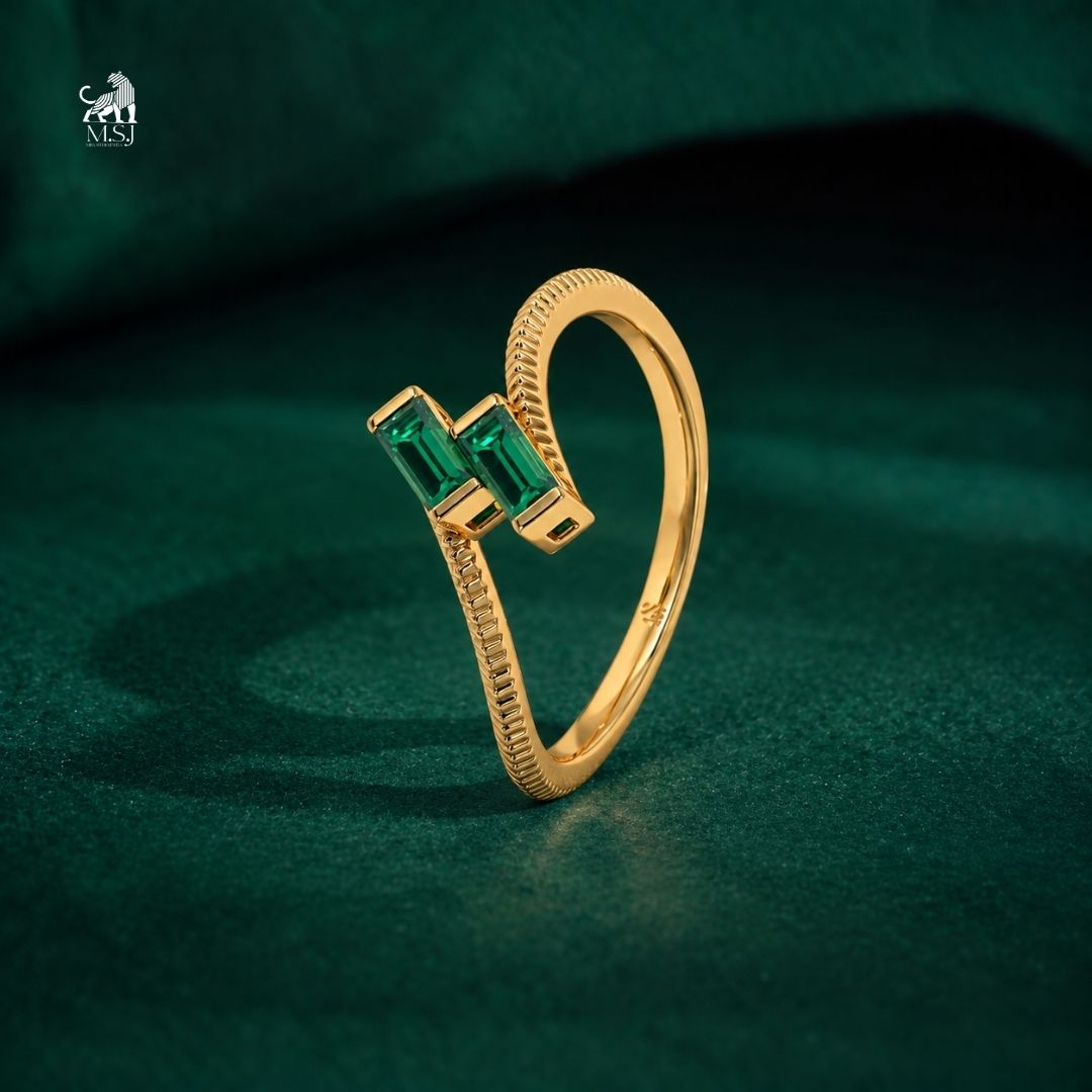 Emerald Baguette Open-Bypass Gold Statement Ring