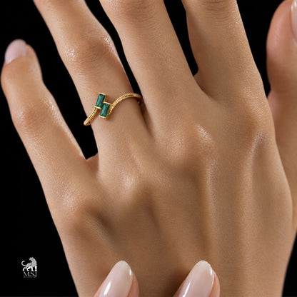 Emerald Baguette Open-Bypass Gold Statement Ring