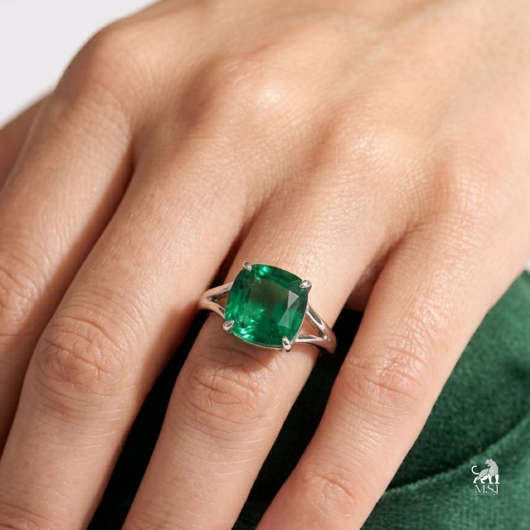 Emerald Cushion-Cut Solitaire Statement Ring