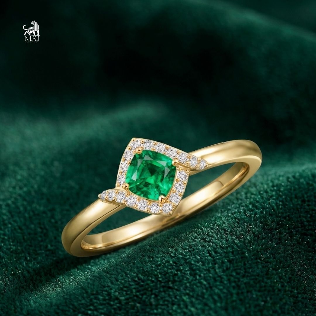 Emerald Cushion-Cut Gemstone Halo Ring