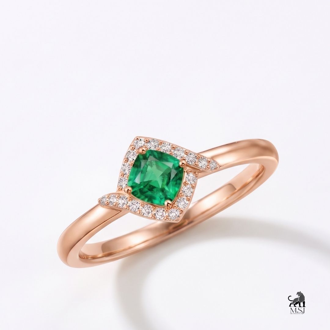Emerald Cushion-Cut Gemstone Halo Ring