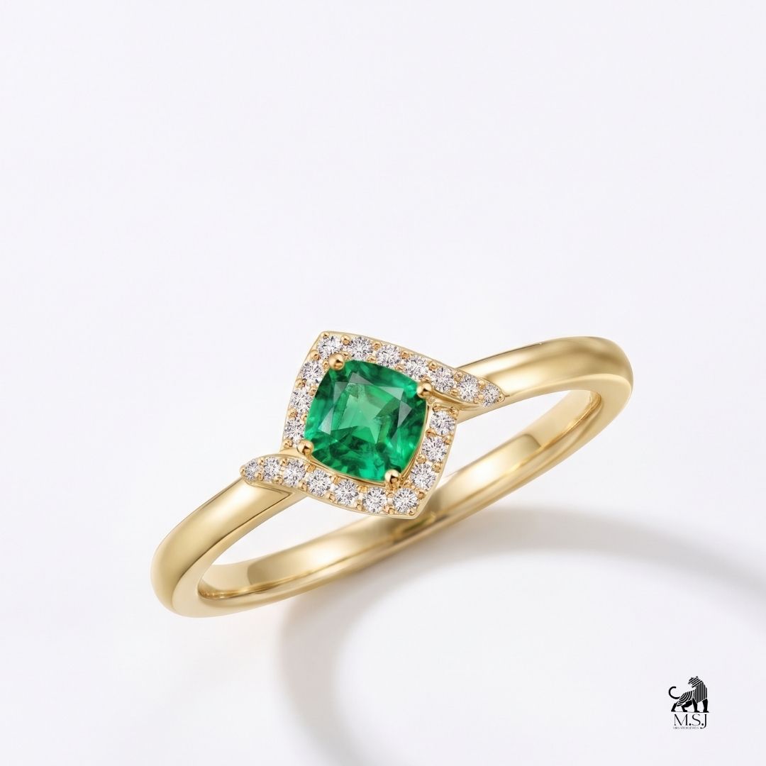 Emerald Cushion-Cut Gemstone Halo Ring