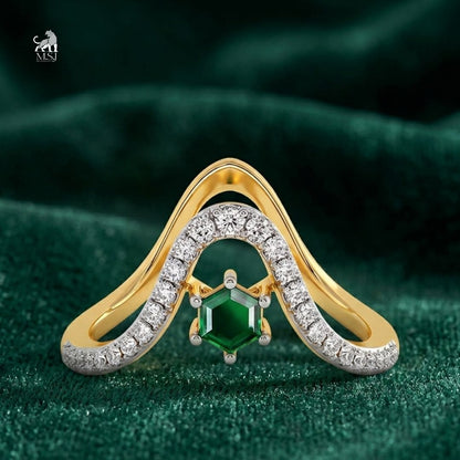 Emerald Hexagon-Cut Gemstone Diamond Chevron Ring