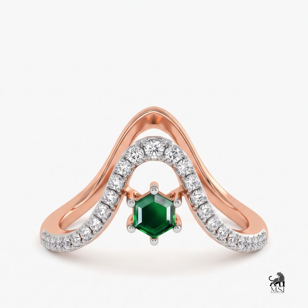 Emerald Hexagon-Cut Gemstone Diamond Chevron Ring