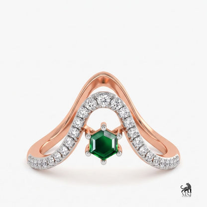 Emerald Hexagon-Cut Gemstone Diamond Chevron Ring