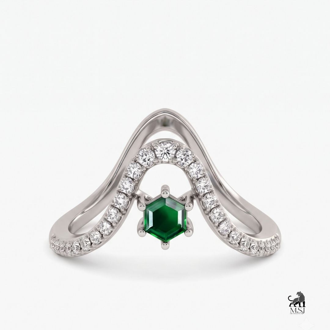 Emerald Hexagon-Cut Gemstone Diamond Chevron Ring