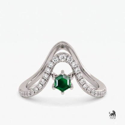 Emerald Hexagon-Cut Gemstone Diamond Chevron Ring