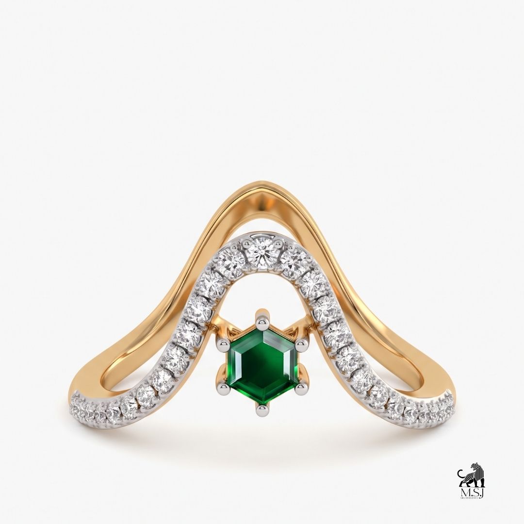 Emerald Hexagon-Cut Gemstone Diamond Chevron Ring