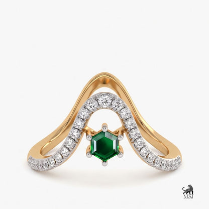 Emerald Hexagon-Cut Gemstone Diamond Chevron Ring