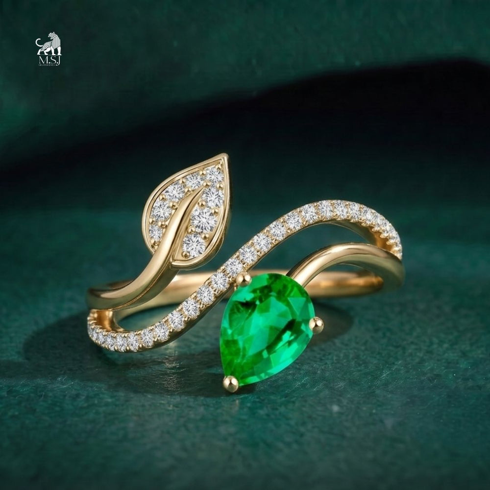 Emerald Pear-Cut Gemstone Diamond Leaf Ring
