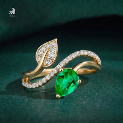 Emerald Pear-Cut Gemstone Diamond Leaf Ring