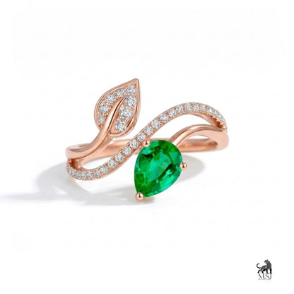 Emerald Pear-Cut Gemstone Diamond Leaf Ring