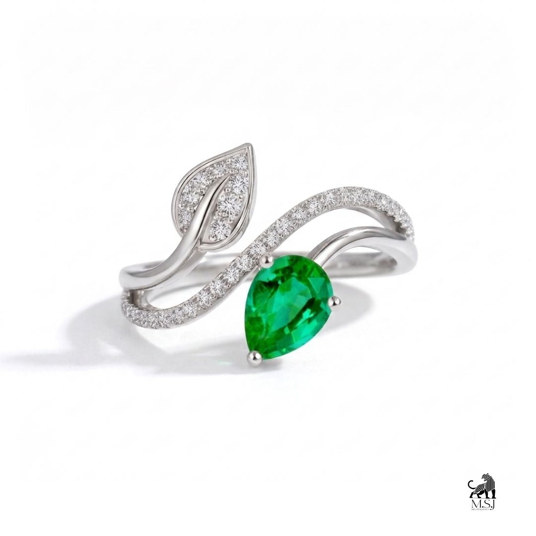 Emerald Pear-Cut Gemstone Diamond Leaf Ring