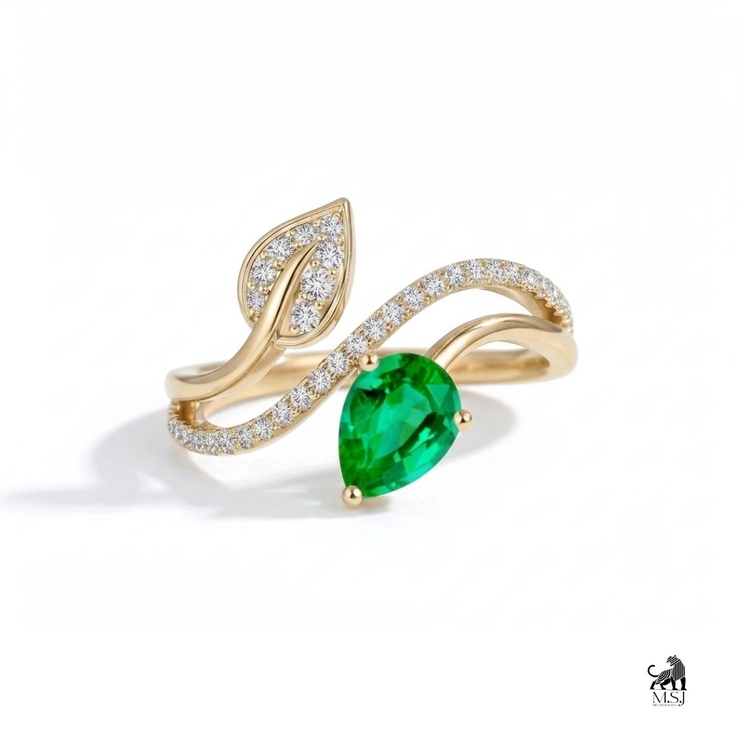 Emerald Pear-Cut Gemstone Diamond Leaf Ring