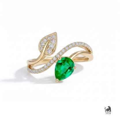 Emerald Pear-Cut Gemstone Diamond Leaf Ring