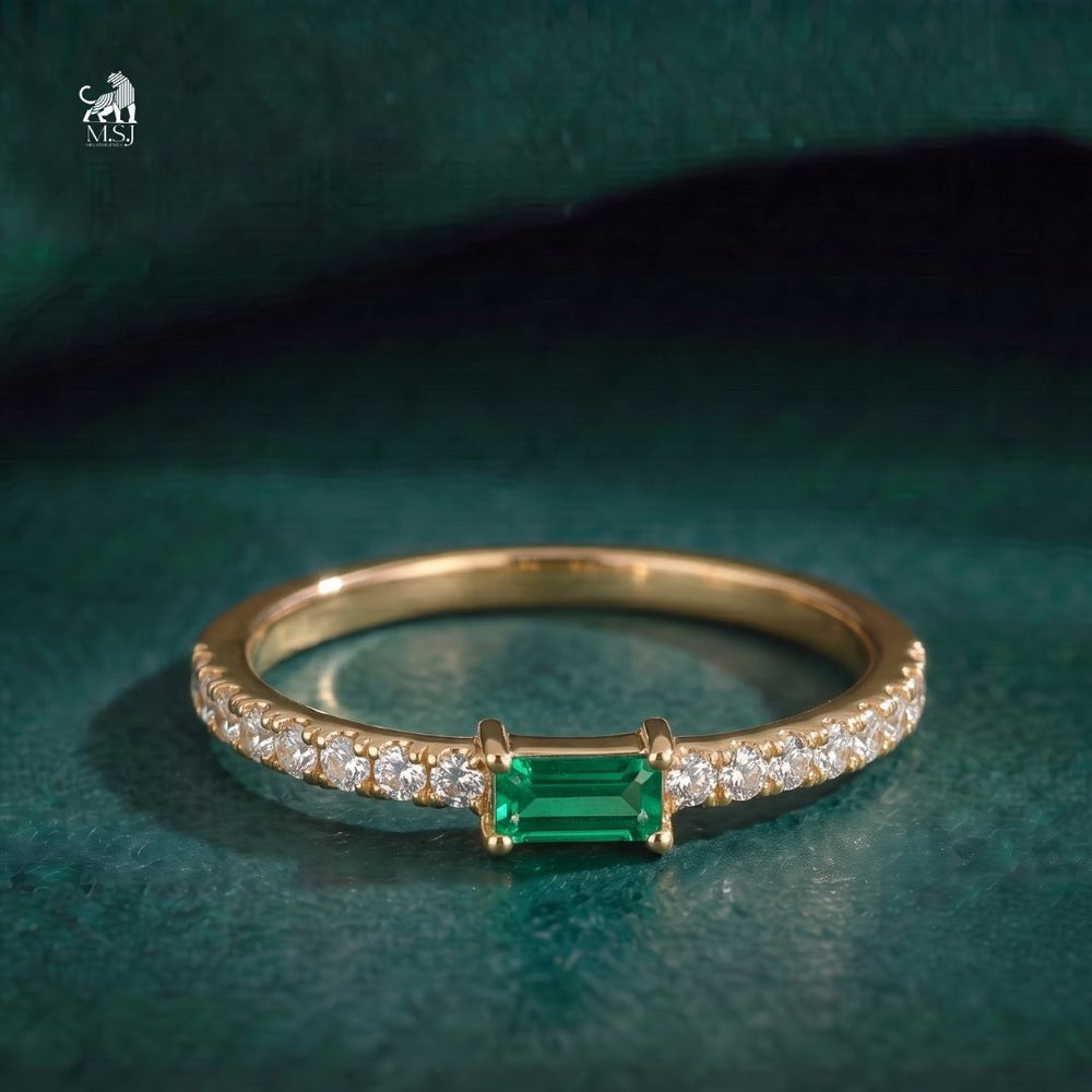 Emerald Baguette-Cut Gemstone Diamond Accent Ring