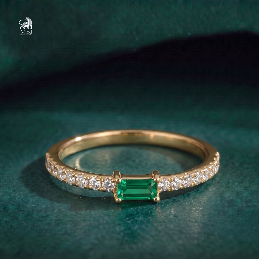 Emerald Baguette-Cut Gemstone Diamond Accent Ring