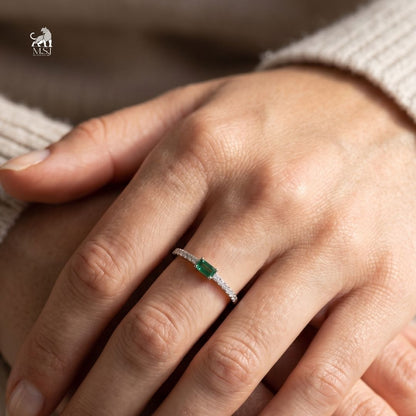 Emerald Baguette-Cut Gemstone Diamond Accent Ring