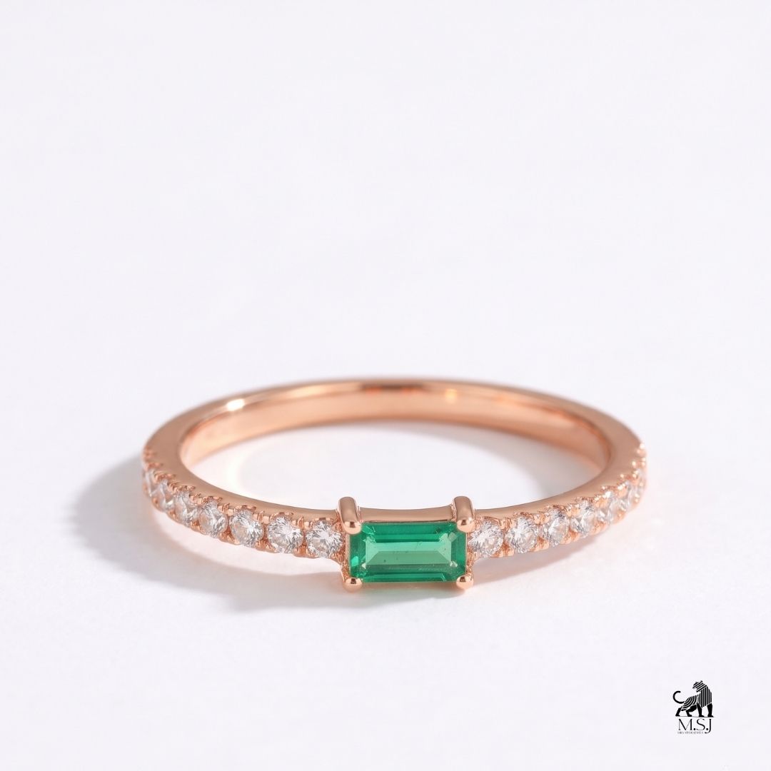 Emerald Baguette-Cut Gemstone Diamond Accent Ring