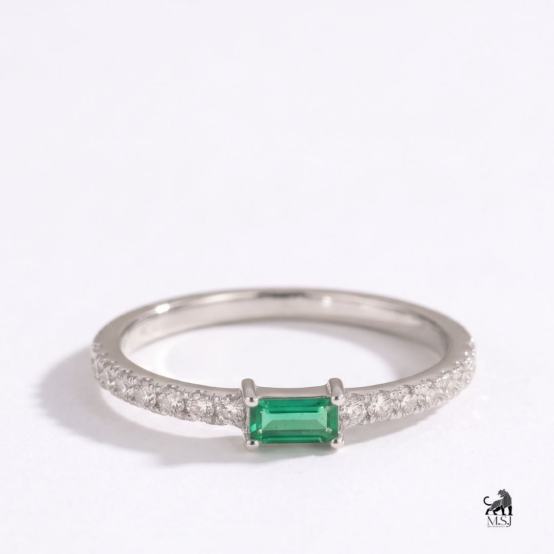 Emerald Baguette-Cut Gemstone Diamond Accent Ring