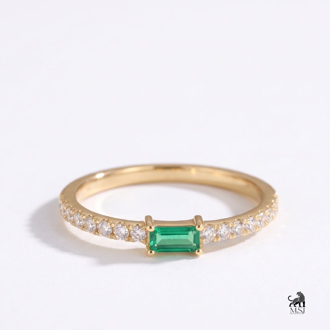 Emerald Baguette-Cut Gemstone Diamond Accent Ring