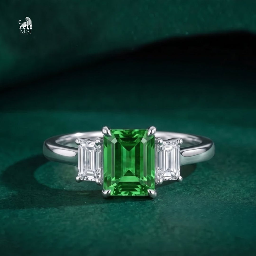 Emerald-Cut Green Gemstone Three-Stone Statement Ring