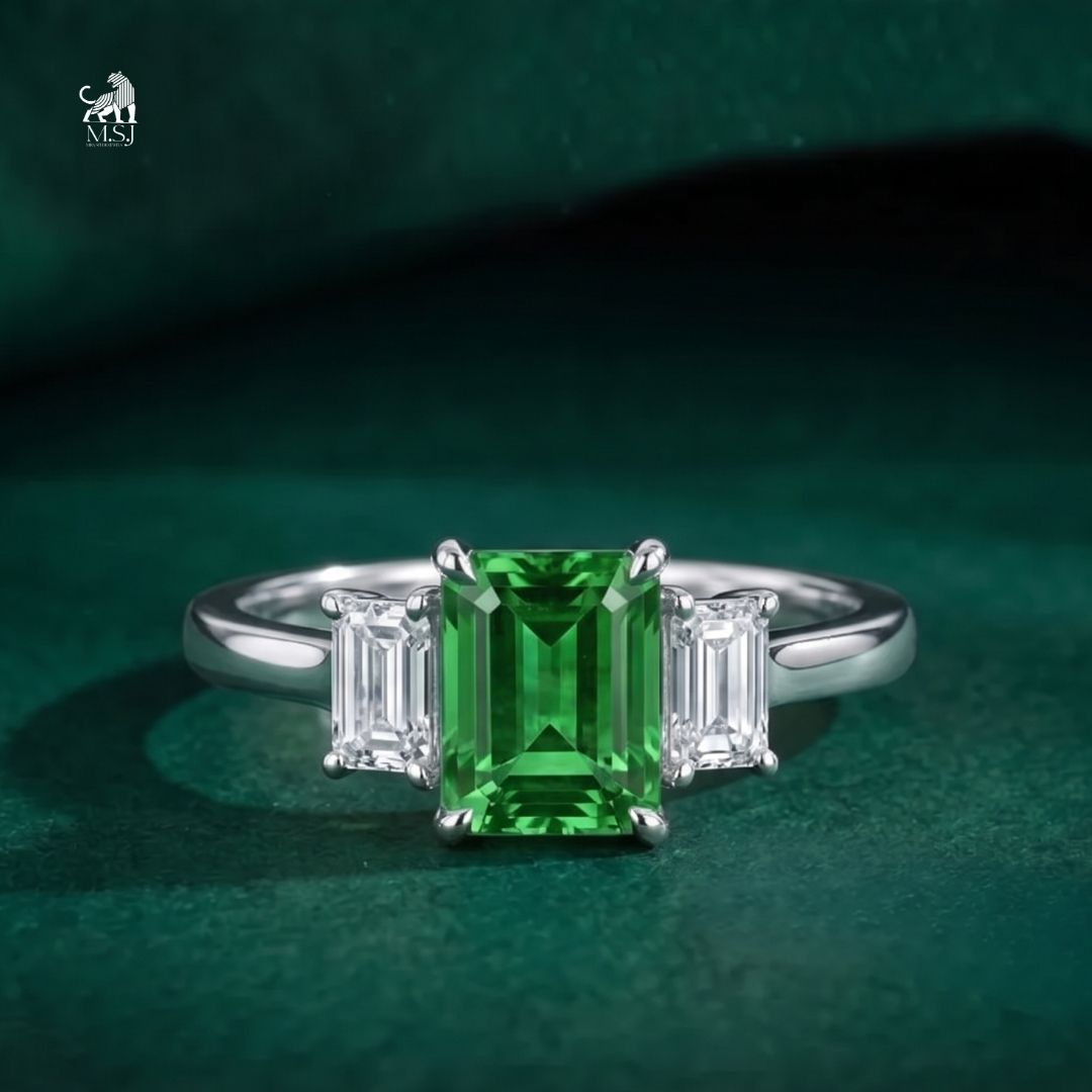 Emerald-Cut Green Gemstone Three-Stone Statement Ring