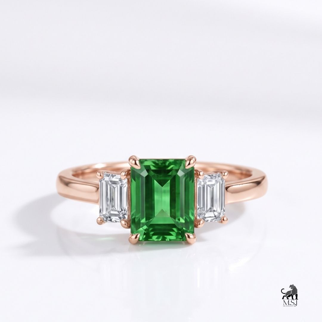Emerald-Cut Green Gemstone Three-Stone Statement Ring