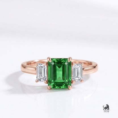 Emerald-Cut Green Gemstone Three-Stone Statement Ring
