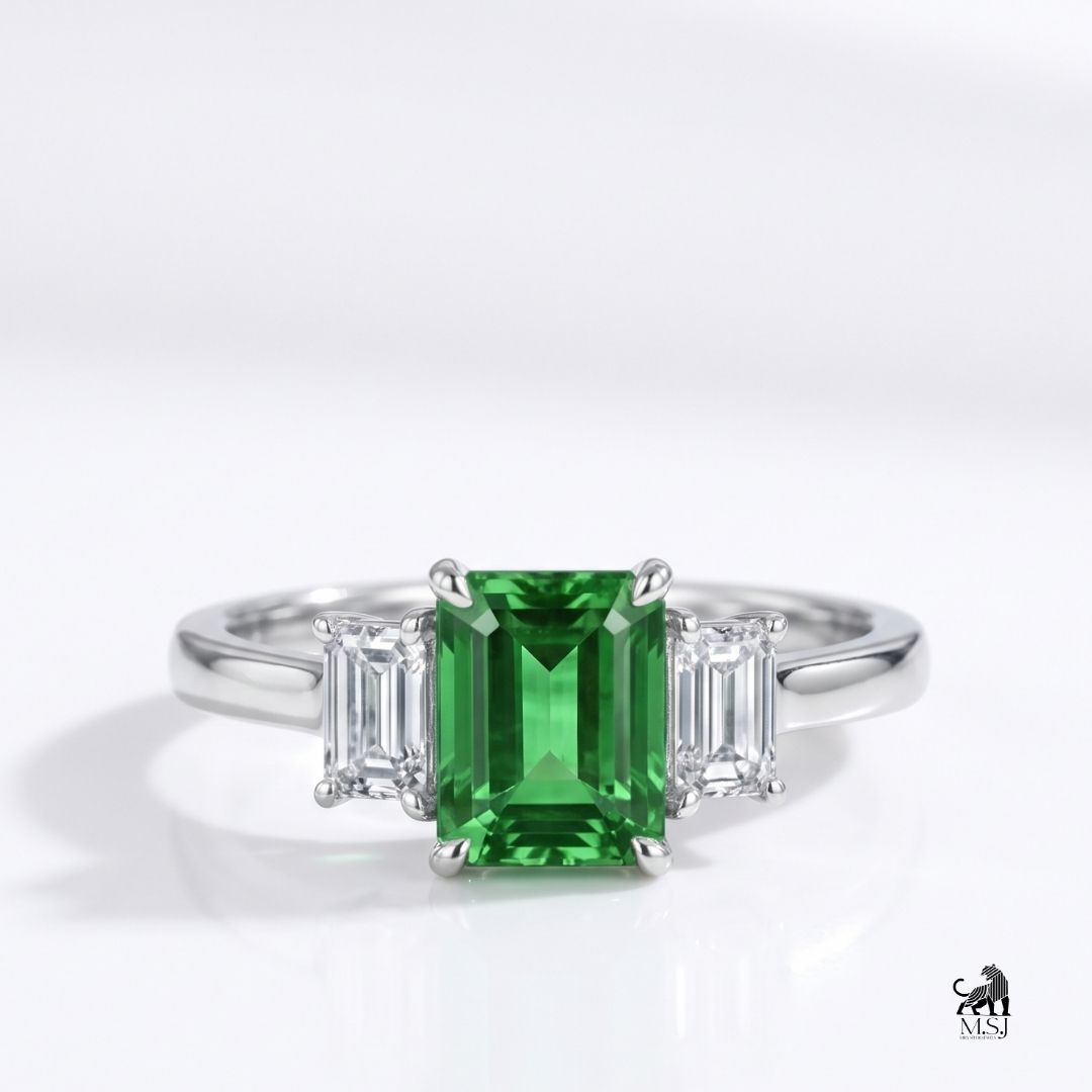 Emerald-Cut Green Gemstone Three-Stone Statement Ring