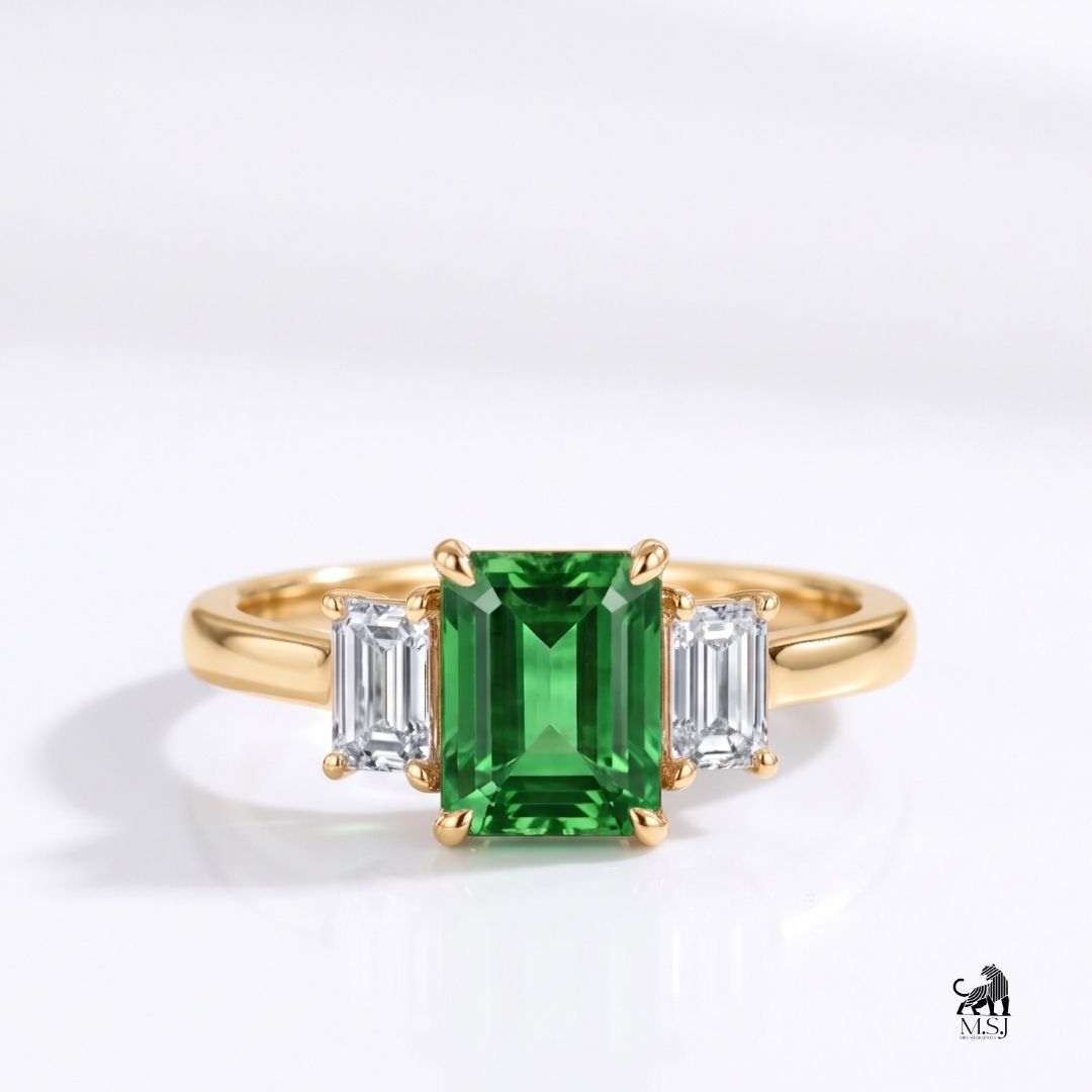 Emerald-Cut Green Gemstone Three-Stone Statement Ring